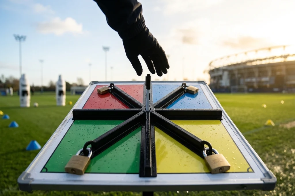A tactical whiteboard quartered into four color-coded sections by raised metal dividers, each section padlocked with an ov...