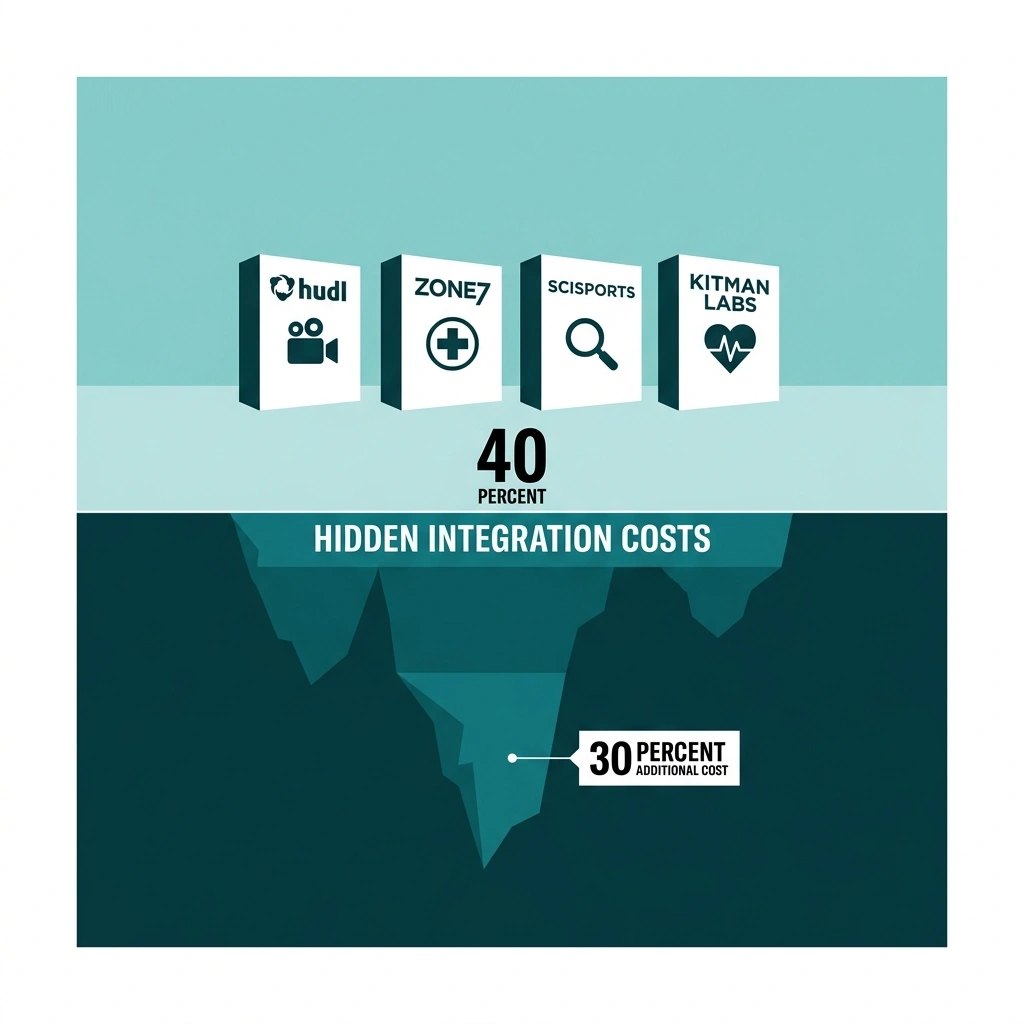 Bold 40% statistic callout revealing hidden AI platform integration costs with teal accent bars and silo icons