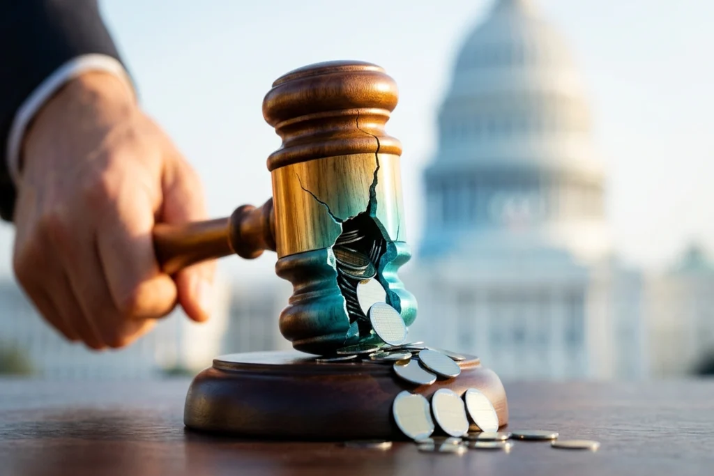 a cracked legislative gavel spilling semiconductor wafers from inside for China Spent $51B on Chip Gear. MATCH Act Takes A...