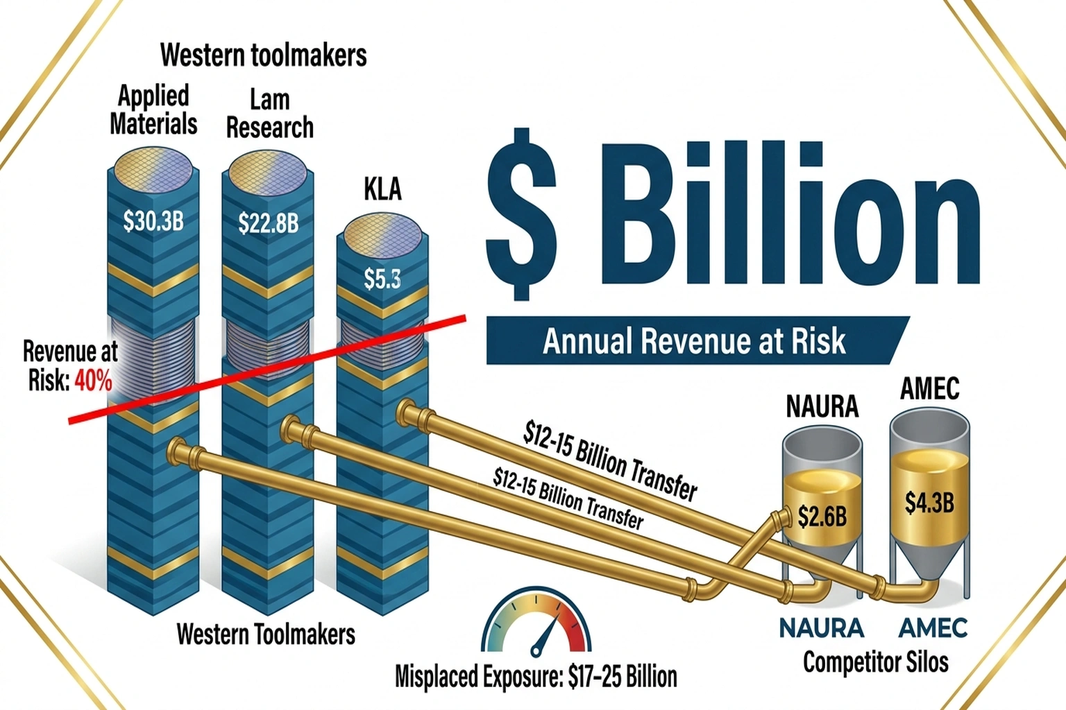 Western toolmaker revenue towers draining through pipes to Chinese competitor silos showing billions at risk