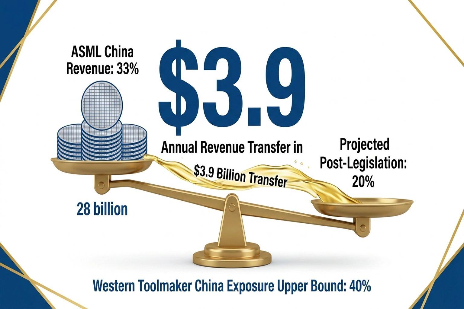 Brass balance scale infographic showing ASML's 33% China revenue dropping to 20%, with $3.9 billion annual transfer flowing to competitors