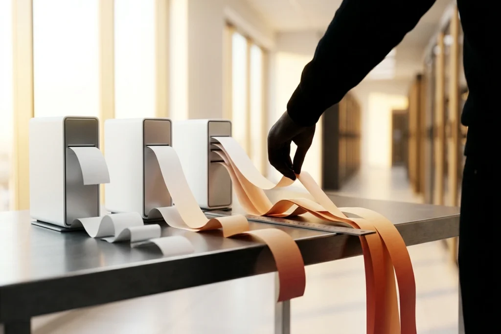 A receipt-dispensing router box where the unspooling tape length physically embodies the hidden token tax for LLM Router T...