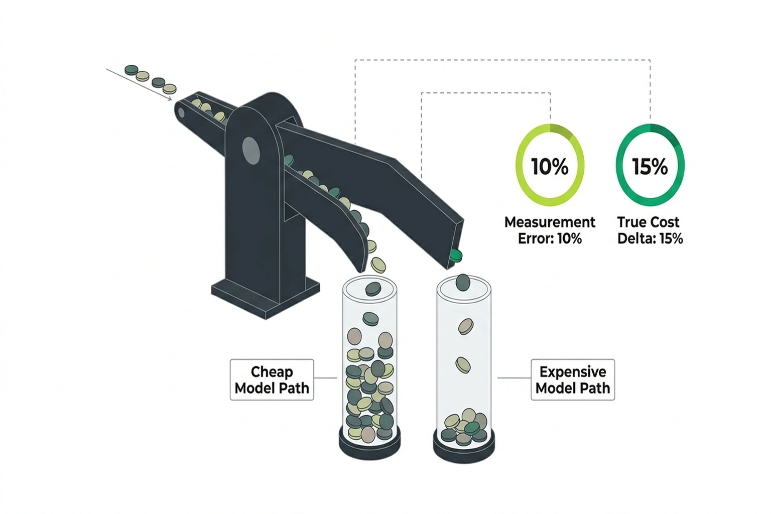 Infographic showing 25% traffic misclassification from 10% measurement error versus 15% cost delta at LLM router sorting gate