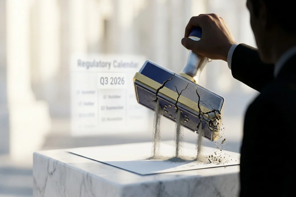 a three-cracked EU regulatory stamp disintegrating into sand for EU AI Act Compliance Deadlines 2026: The Third Delay That...