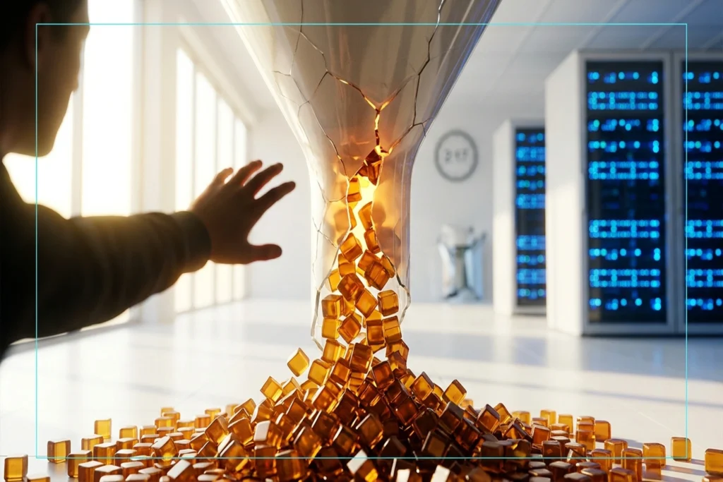 a cracked network chokepoint funnel with data blocks pouring from its split neck for 847GB in 11 Days: How a LiteLLM Proxy...