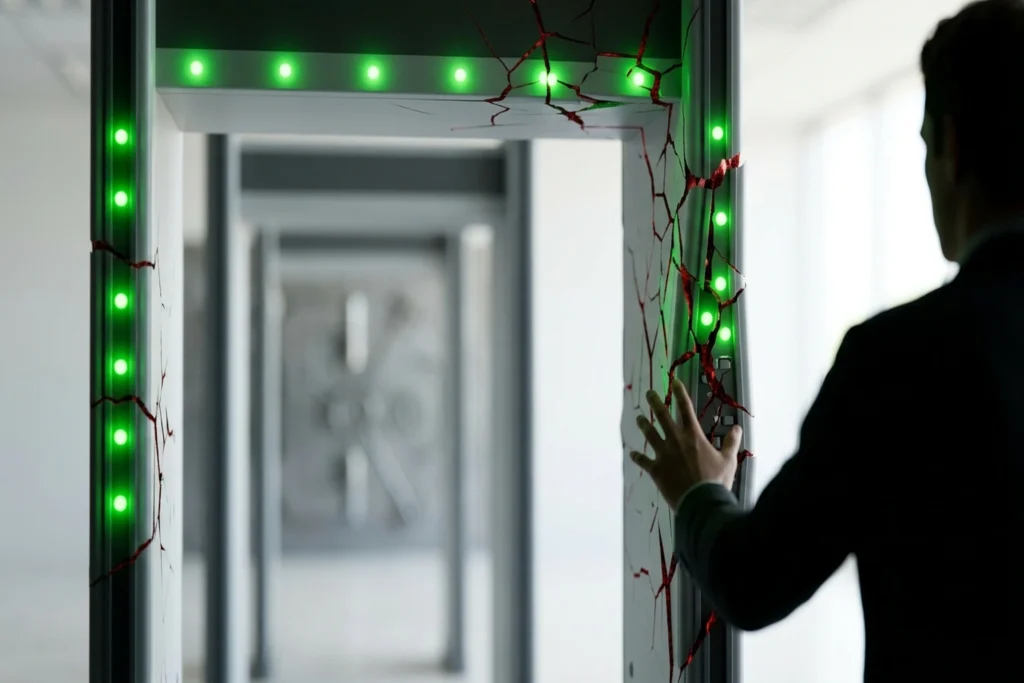 A scanner gate showing 15 green pass indicators while its frame splinters apart from accumulated hidden failures for Why C...