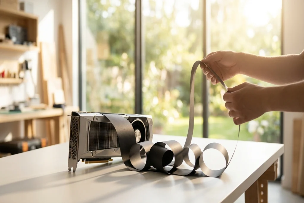 GPU card with a carbon receipt physically unspooling from inside its heatsink fins for Build an AI Carbon Tracker From AWS...