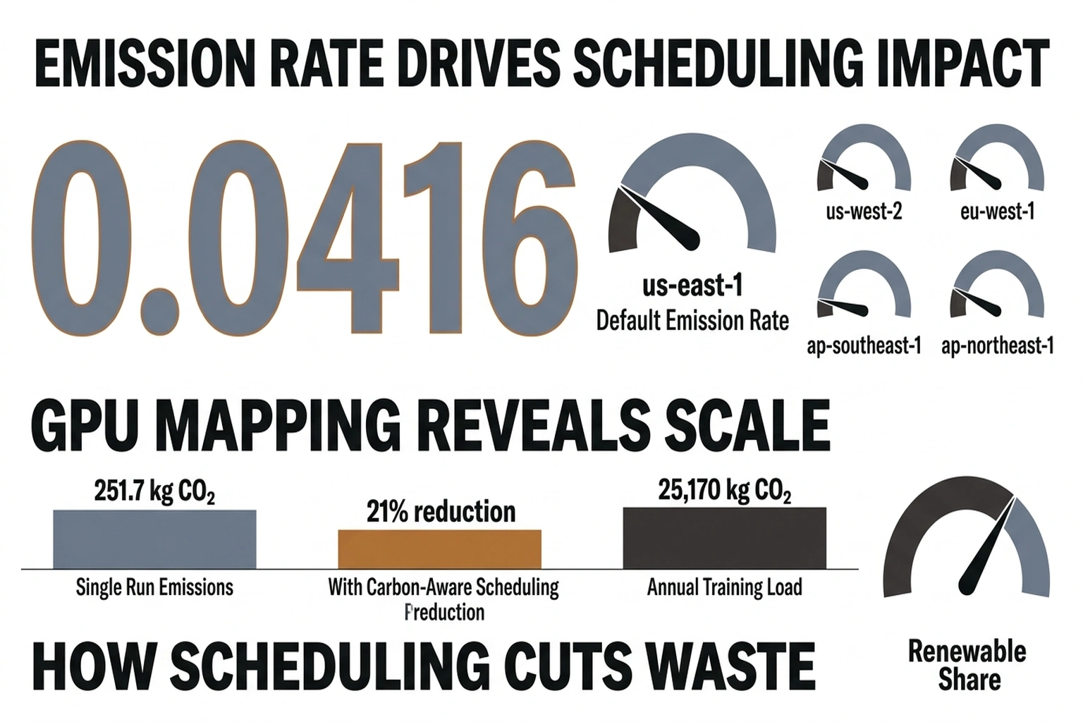 Infographic showing 0.38 kg CO2/kWh emissions rate with AWS region switchboard and GPU power mapping comparison