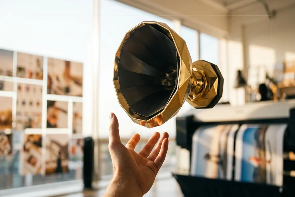 a 52-facet golden trophy that is also a constriction funnel crushing content to social dimensions for Muse Spark vs Gemini...