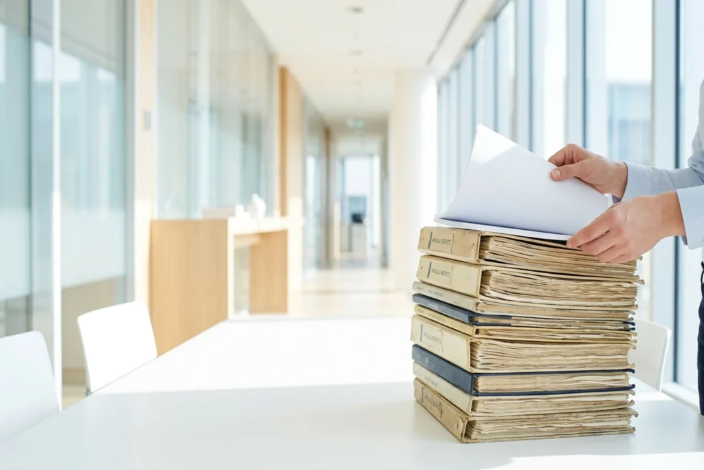 a towering stack of 27 annual security audit reports with a single 3-page Mythos brief resting on top for Claude Mythos Fo...