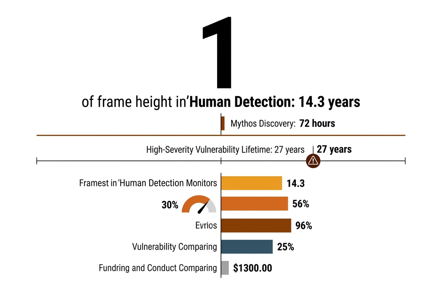 Balance scale showing 1,740x speed ratio with 14.3 years human detection versus 72 hours Mythos discovery