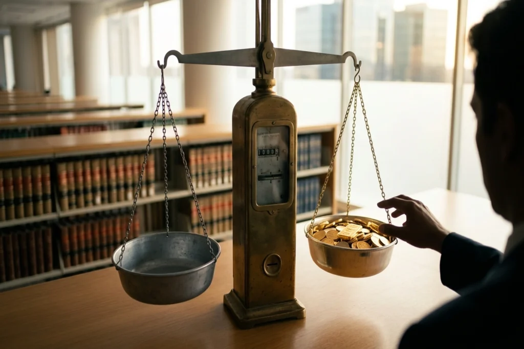 meter-pillared balance scale for Disney Gets Paid For AI. You Get Nothing. evoking irony