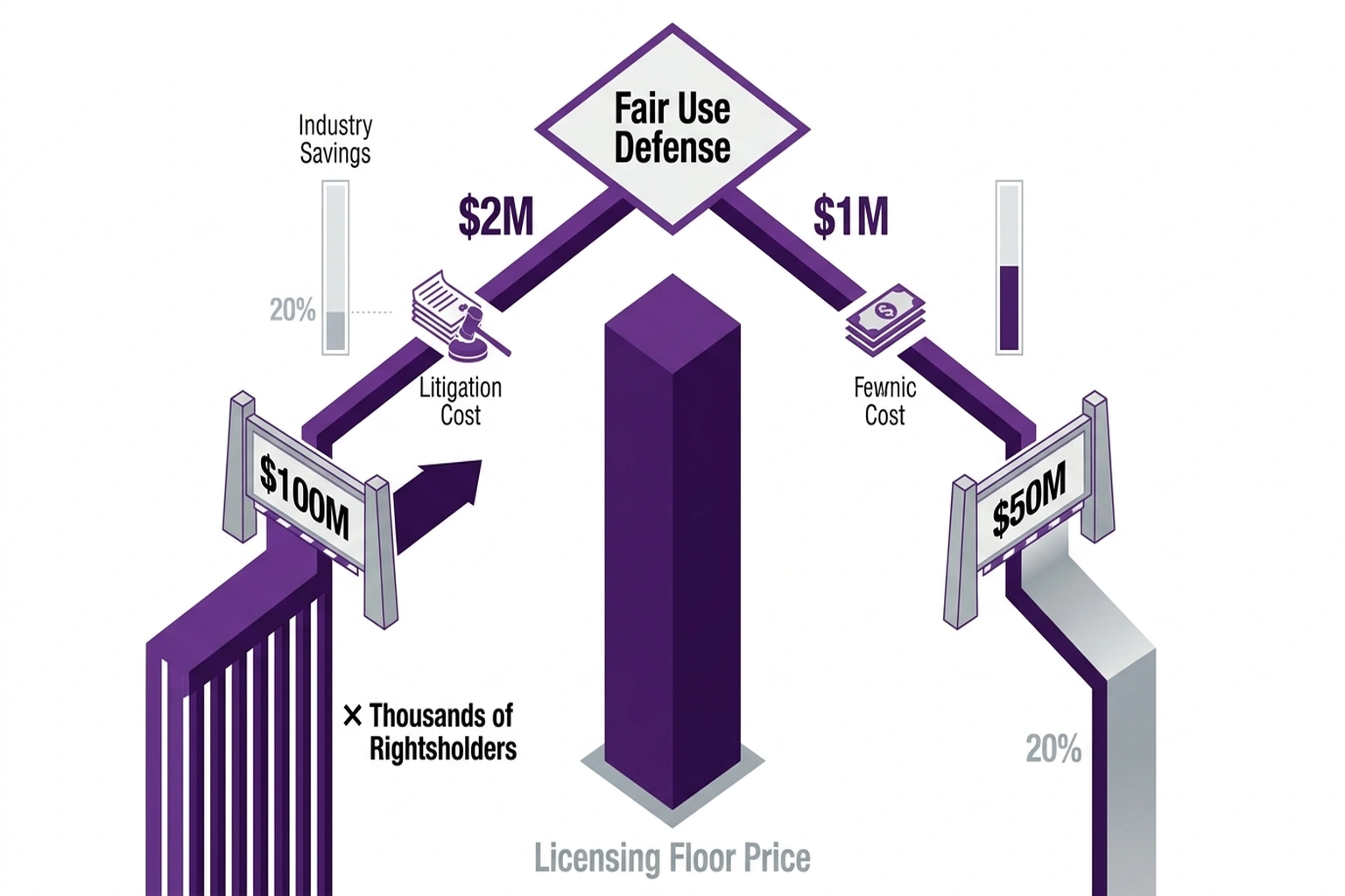 Editorial infographic comparing $2M litigation path versus multiplying $100M licensing settlements