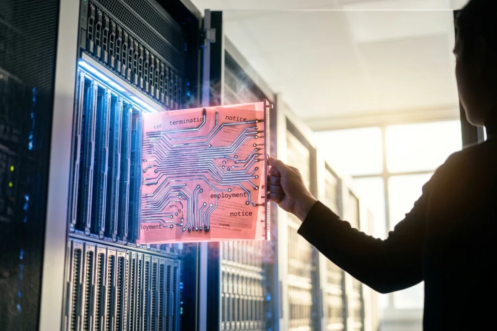 A server blade forged from layered termination letters with circuits burned through for Oracle Slashed 30,000 Jobs to Fund...