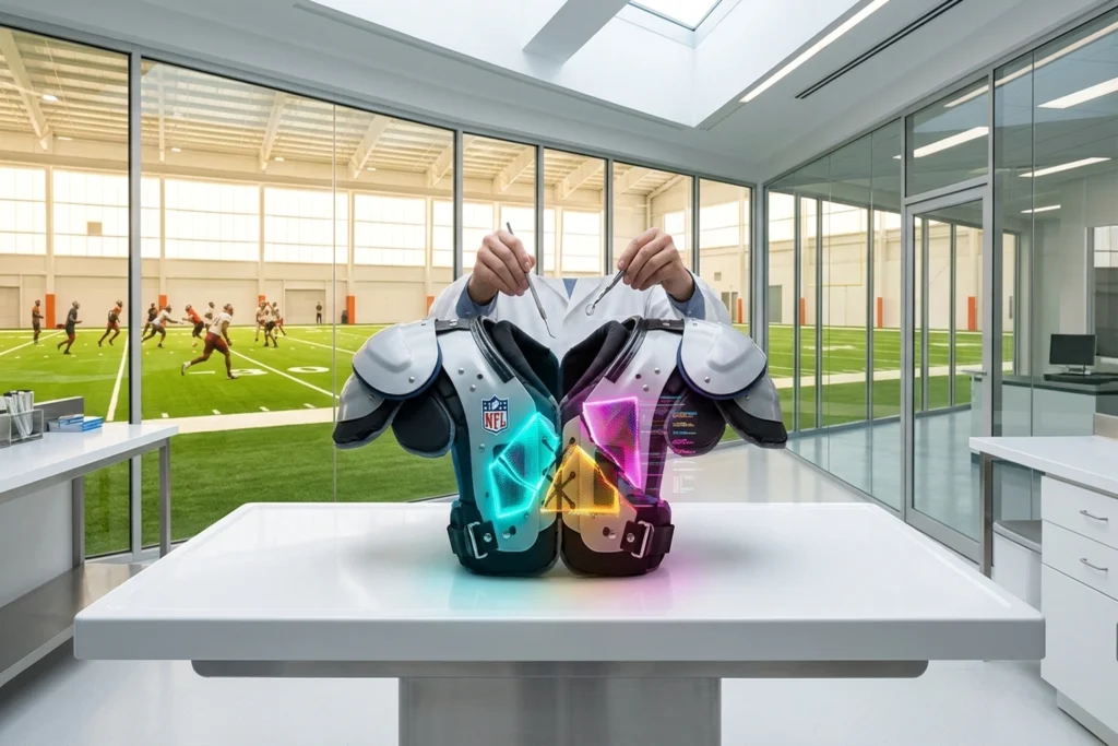 a fractured tracking chip split into three incompatible sections pulsing at different speeds, embedded in an NFL shoulder ...