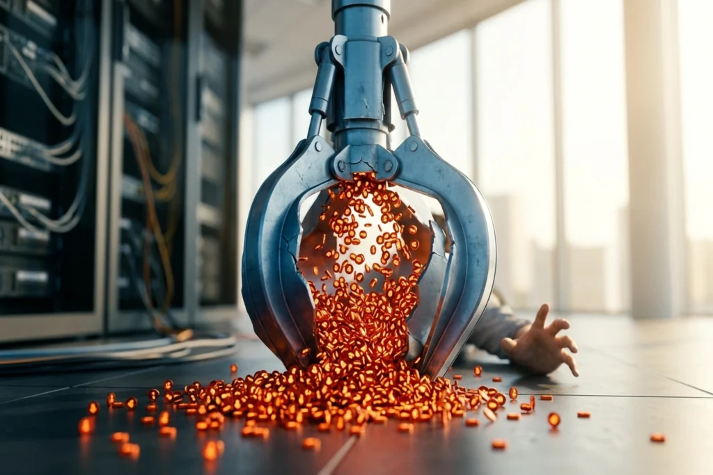 a mechanical security claw pried open with thousands of luminous agent tokens pouring from its interior for OpenClaw Secur...