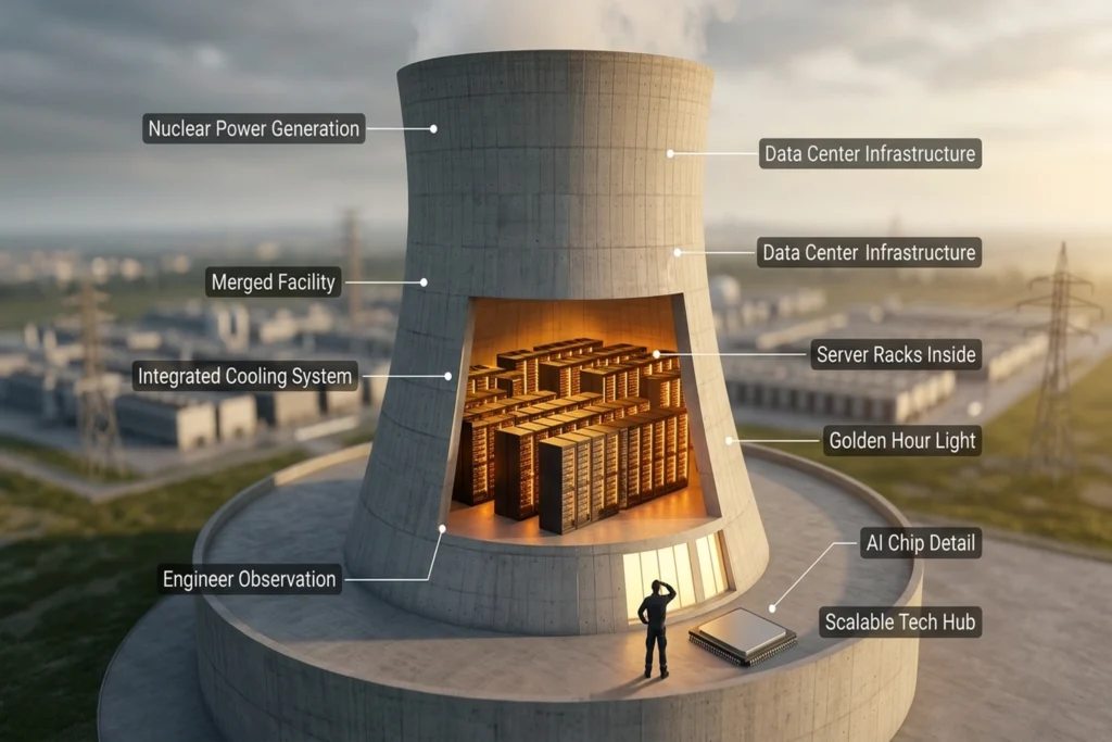 A nuclear cooling tower with server racks visible through a cutaway in its concrete shell — power generation and power con...