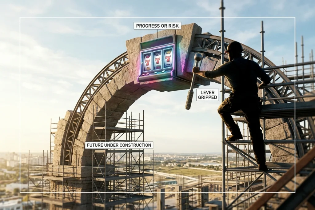 A monumental archway whose central keystone IS a glowing three-reel slot machine, the gateway and the gamble fused into a ...