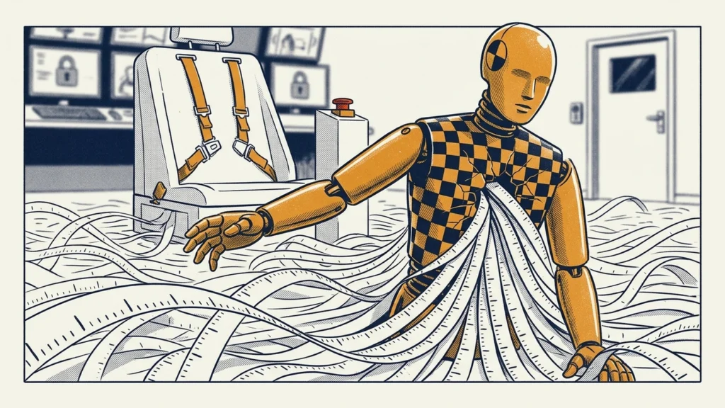 Screenprint illustration of a crash-test dummy wading through a sea of tape-measure strips beside an empty strapped-in seat