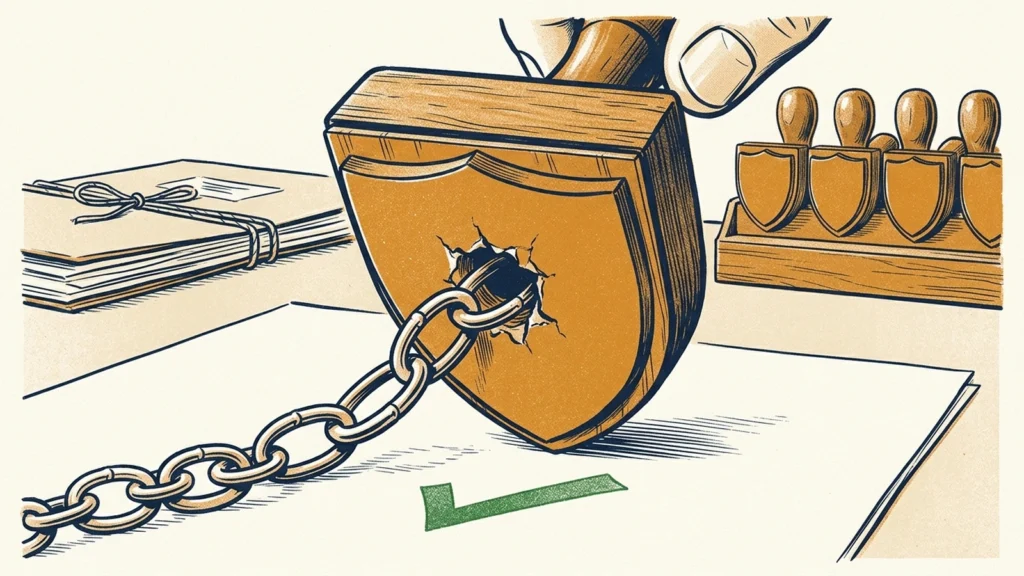 Screenprint illustration of a hand pressing a shield-shaped rubber stamp onto a form, leaving a check mark, with a chain pulled through a hole in the shield