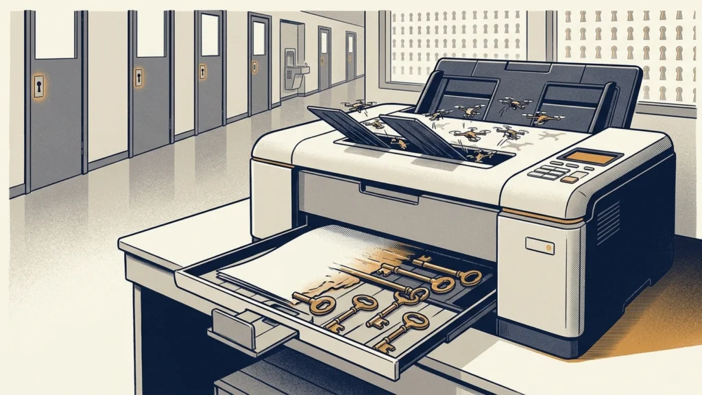Screenprint illustration of tiny drones swarming into an office printer's feeder while brass keys spill from its paper tray