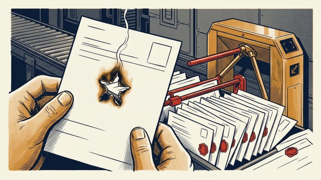 Screenprint illustration of hands lifting one scorched card out of a tray of sealed envelopes beside a turnstile gate