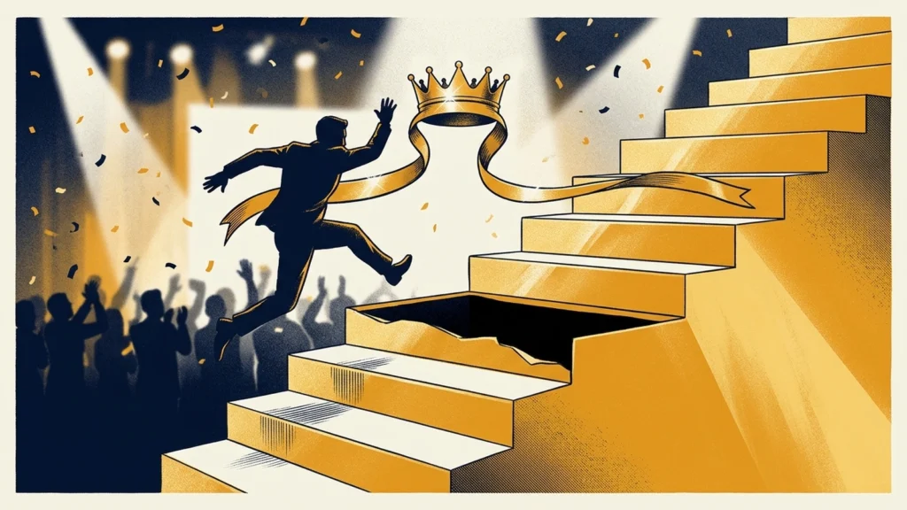 Screenprint illustration of a man leaping up a gold staircase toward a crown past a missing step, as a crowd cheers under stage lights