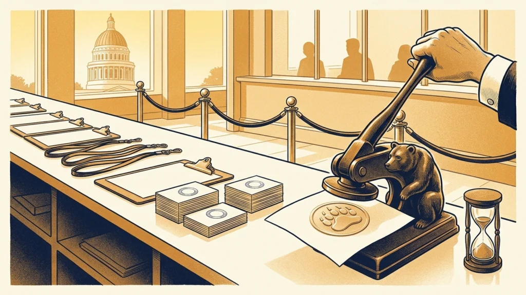 Screenprint illustration of a hand pressing a bear-shaped seal embosser onto a page beside stacks of credential cards, with a capitol dome through the window