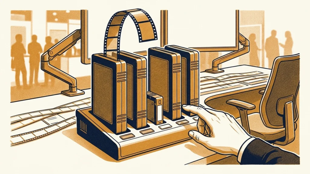 Screenprint illustration of a hand slotting a small cartridge into a dock of larger media cartridges fed by a strip of film, at an editing desk