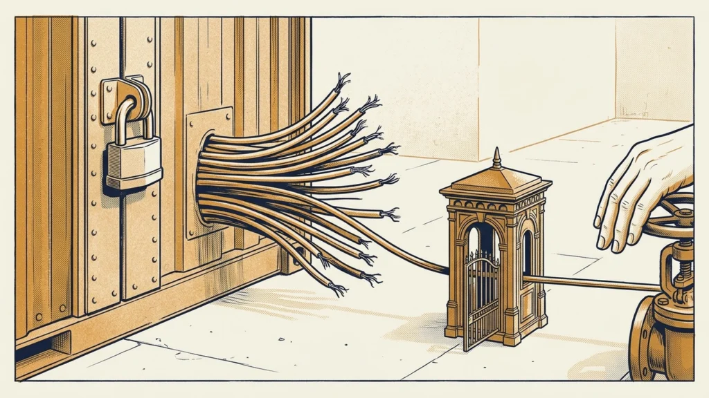 Screenprint illustration of a padlocked steel container with a bundle of severed cables and a single intact cable running through a small gatehouse to a valve