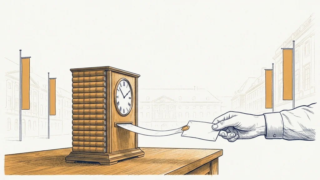 Screenprint illustration of a hand posting a sealed envelope into a clock-faced filing box on a desk, with a European civic square behind