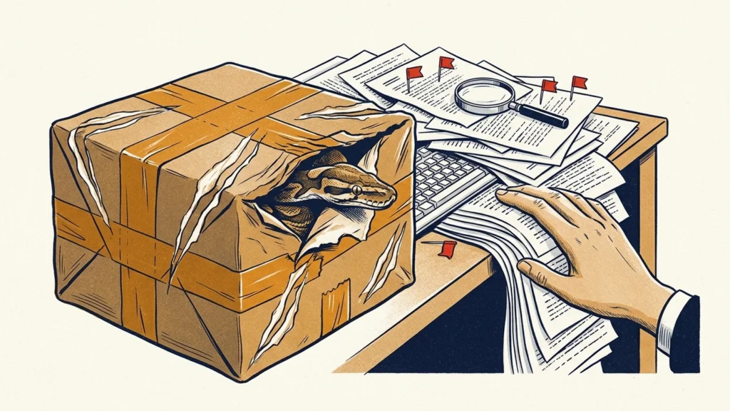 Screenprint illustration of a snake tearing out of a taped parcel on a desk beside flagged transcripts, a magnifying glass and a hand on a stack of files