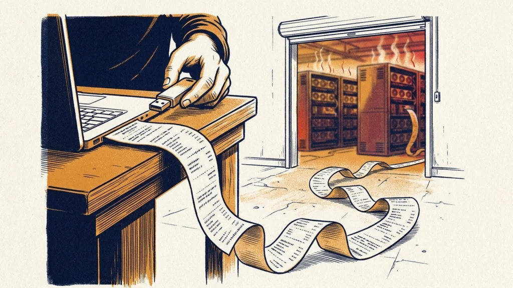 Screenprint illustration of a hand plugging a USB stick into a laptop while a long printed receipt runs across the floor into an overheating server room