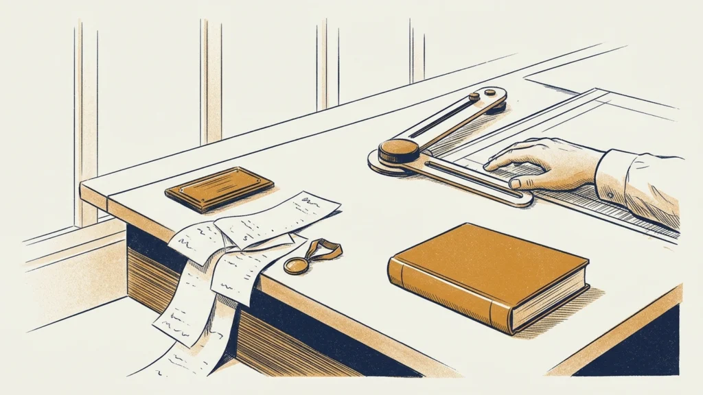 Screenprint illustration of a desk holding a blank brass plaque, a closed book, handwritten proof pages and a medal, with a hand on a drafting tool