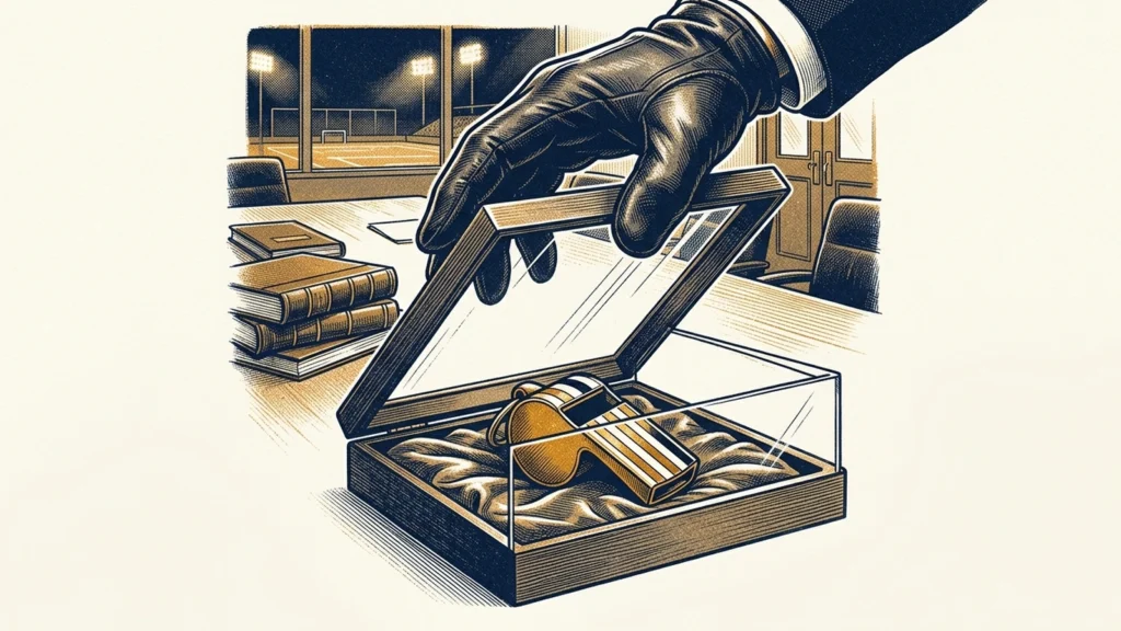 Screenprint illustration of a gloved hand lifting the glass lid of a display case holding a referee's whistle, with law books and a floodlit stadium beyond