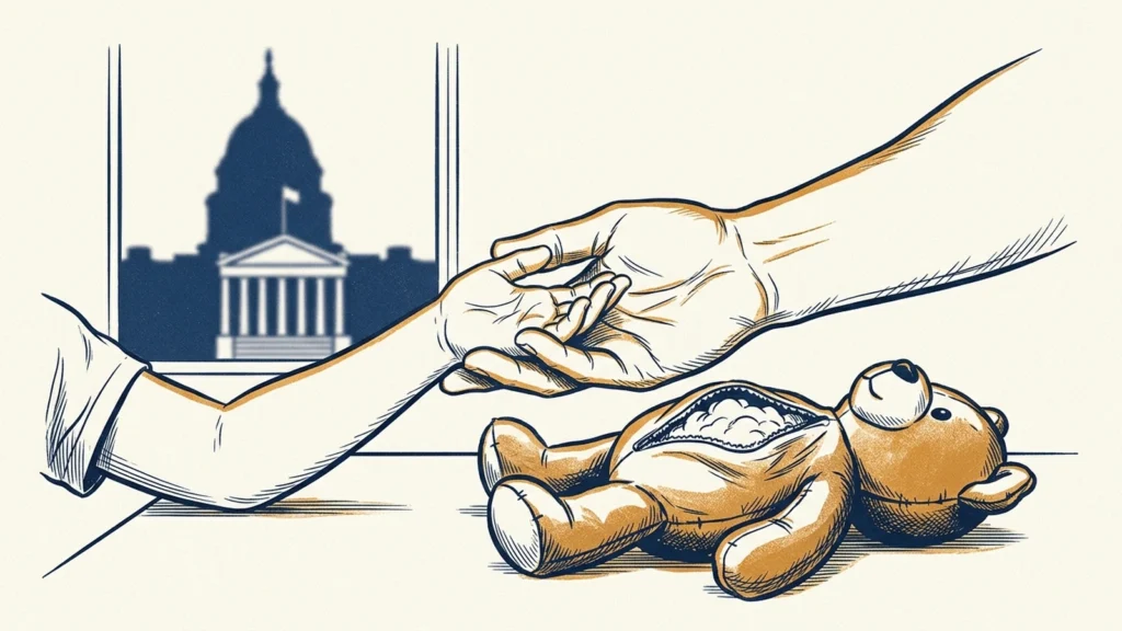 Screenprint illustration of an adult hand reaching for a child's hand above a teddy bear split open at the seam, with a capitol dome through the window