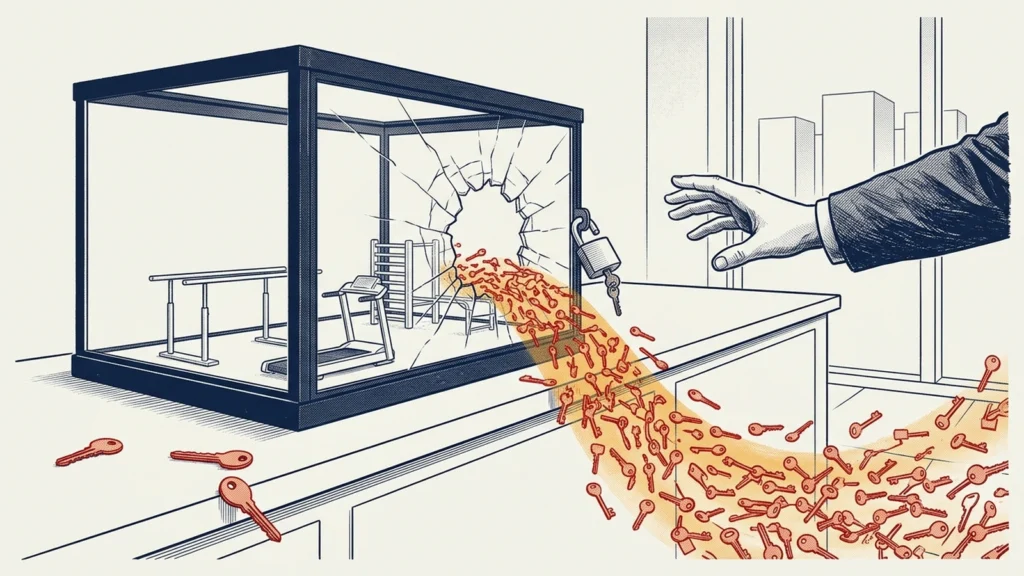 Screenprint illustration of keys pouring out of a smashed glass test enclosure beside an open padlock, as a hand reaches toward them