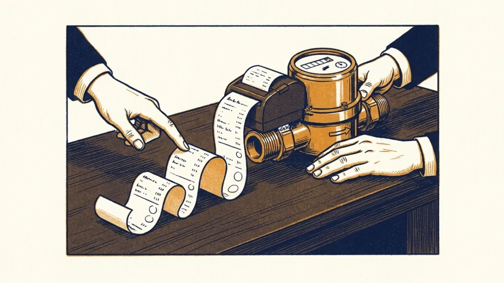 Screenprint illustration of hands around a brass utility meter that prints a curling paper receipt across a desk