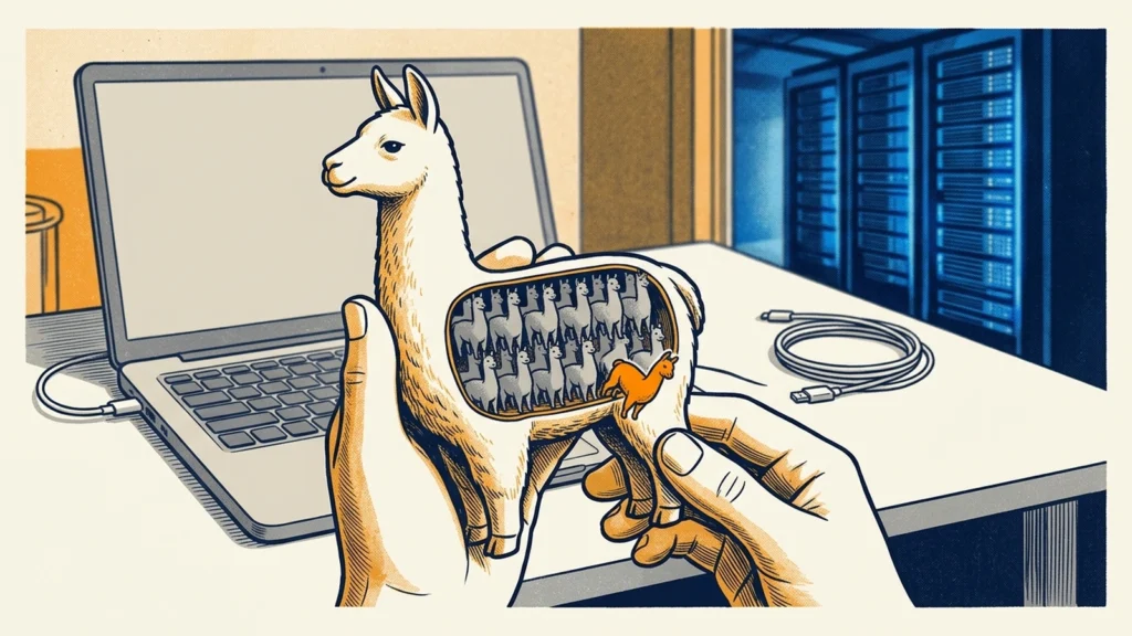 Screenprint illustration of hands holding a llama figurine whose belly window reveals dozens of tiny llamas packed inside, with a laptop and server racks behind