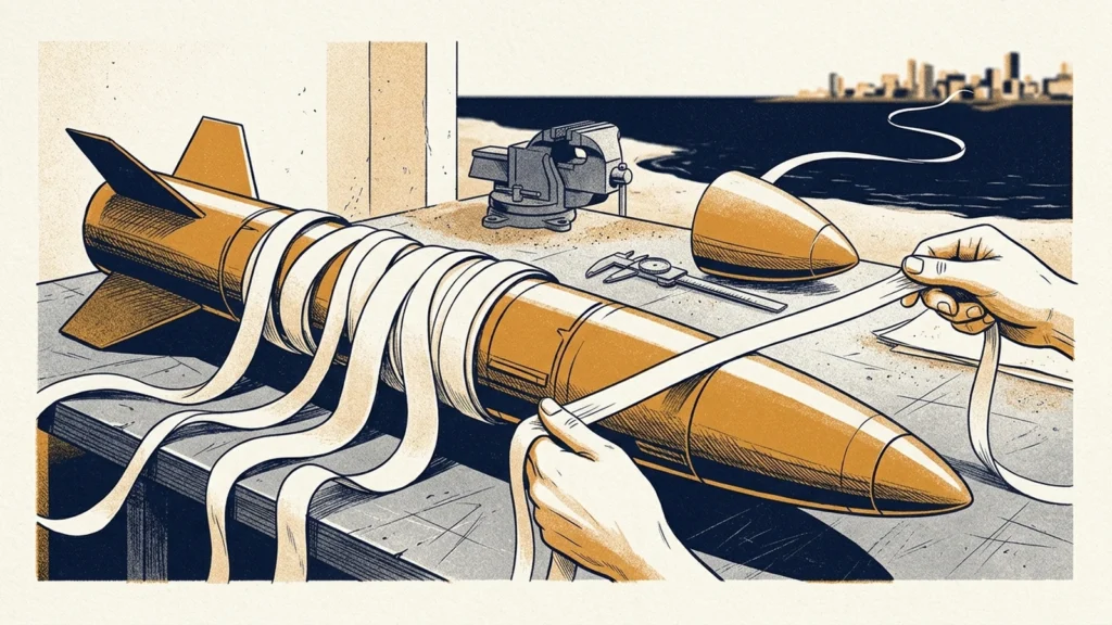 Screenprint illustration of hands binding a finned missile body with pale ribbons on a workbench beside a vise and calipers, with a coastline beyond