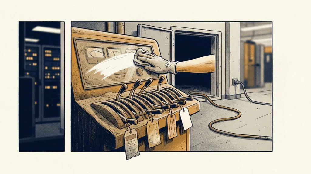 Screenprint illustration of a dust-caked console whose eight emergency-stop levers have all been pulled, as a gloved hand wipes dust from its gauges