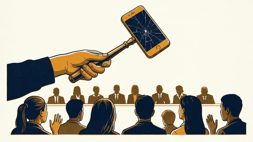 Screenprint illustration of a hand raising a gavel whose head is a cracked smartphone above a panel and a room of people raising their hands