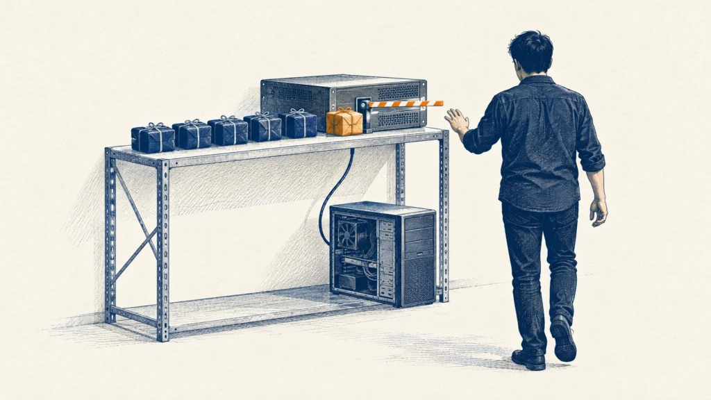 A man approaching a shelf where a row of packages waits at a barrier in front of a server