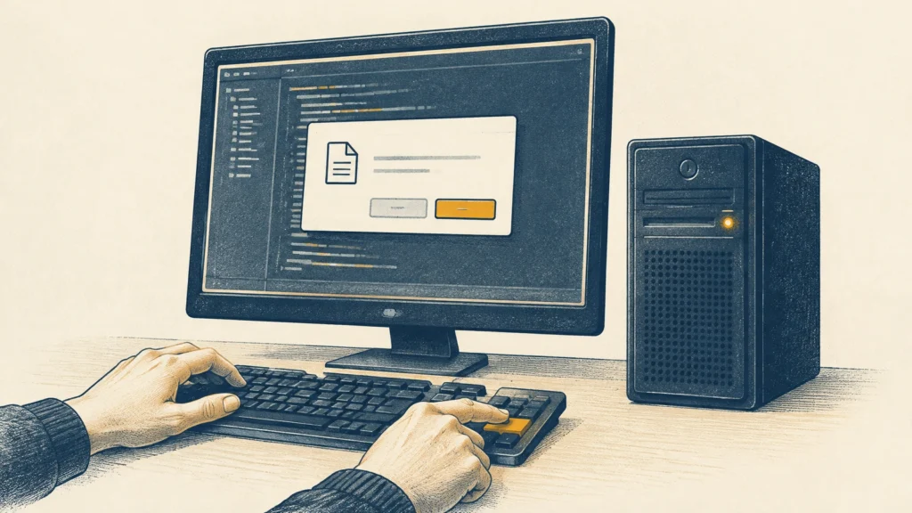 A monitor showing a file-approval dialog with two buttons, a finger hovering over an amber Enter key, a desktop tower beside it