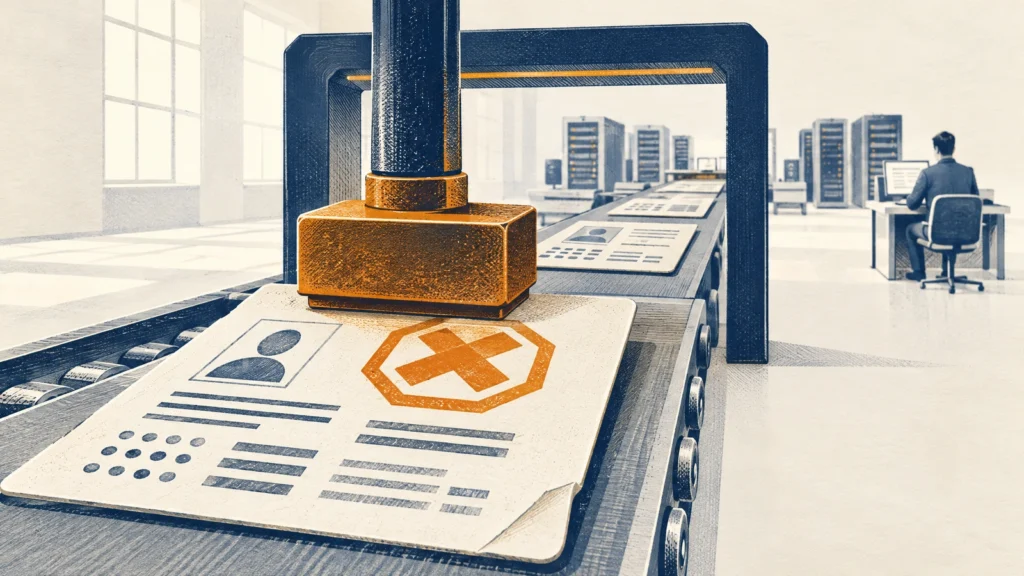 Giant brass stamp pressing orange rejection X onto resume on factory conveyor