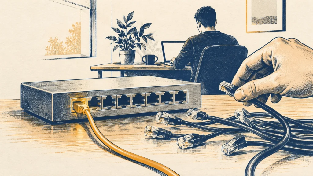Hand holding ethernet cable beside network switch with one lit yellow connection
