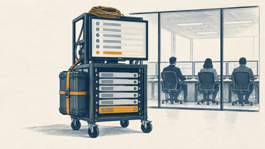 A wheeled test rig with a results screen outside an office of people at desks