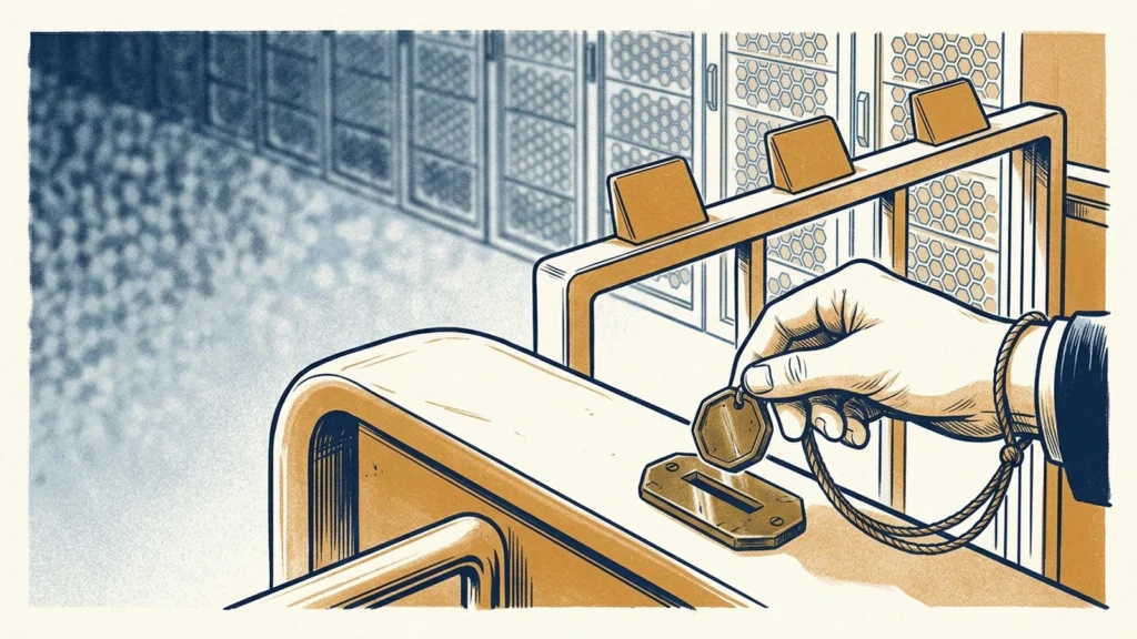 Screenprint illustration of a hand lowering a token, tied to the wrist by a cord, into a slot on a gate in front of rows of server racks