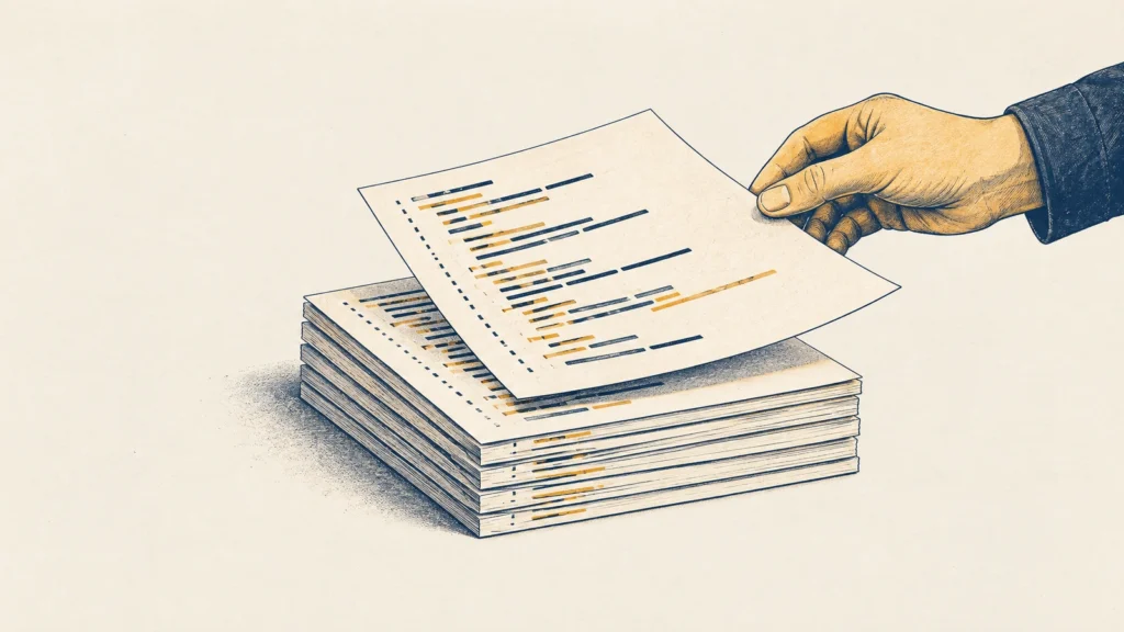 A hand lifting one printed code listing from a stack of identical listings