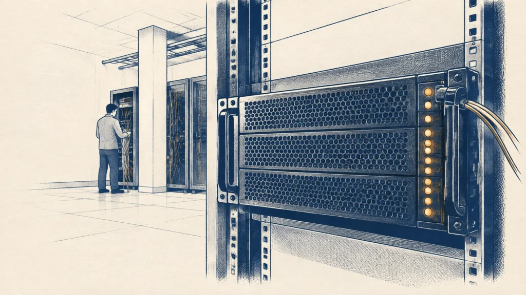 A proxy server alone in a rack with its cable leading out of frame, and a technician at distant racks